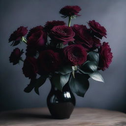 A dark floral aesthetic scene featuring a bouquet of deep, rich-colored flowers like dark red roses and black dahlias