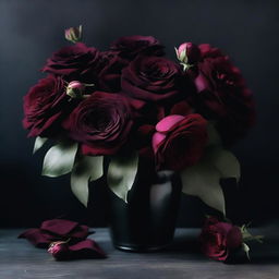 A dark floral aesthetic scene featuring a bouquet of deep, rich-colored flowers like dark red roses and black dahlias