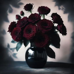 A dark floral aesthetic scene featuring a bouquet of deep, rich-colored flowers like dark red roses and black dahlias