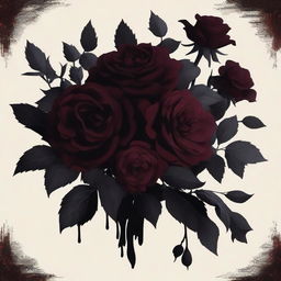 A dark bleeding floral aesthetic scene featuring a bouquet of deep, rich-colored flowers like dark red roses and black dahlias, with subtle hints of blood dripping from the petals