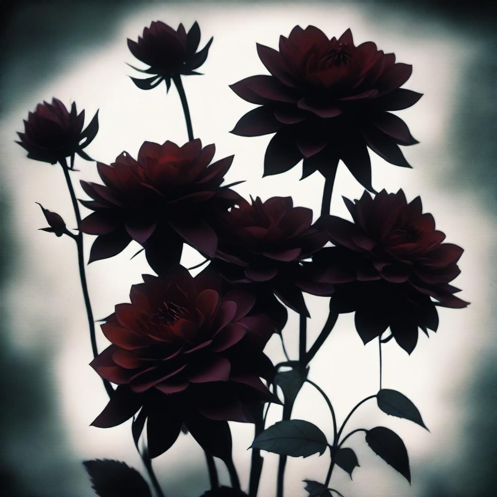 A dark and eerie scene featuring flowers with deep, rich colors like dark red roses and black dahlias