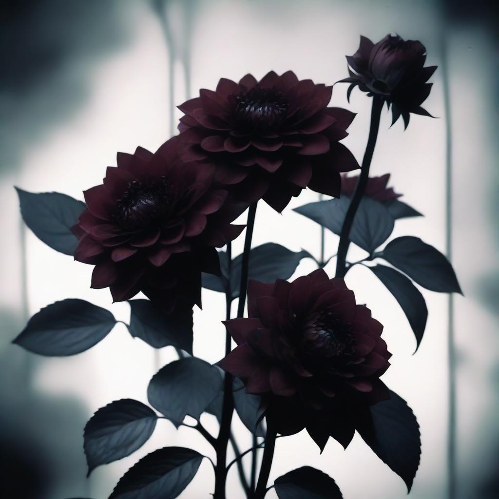 A dark and eerie scene featuring flowers with deep, rich colors like dark red roses and black dahlias