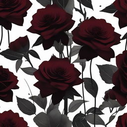 A dark and eerie scene featuring flowers with deep, rich colors like dark red roses and black dahlias