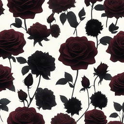 A dark and eerie scene featuring flowers with deep, rich colors like dark red roses and black dahlias