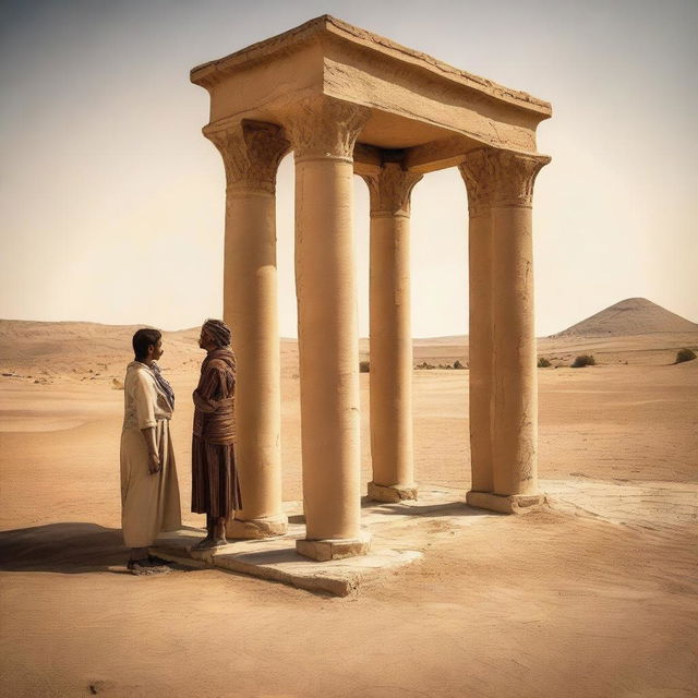 A well in the desert with the shadows of two young men