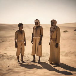 A well in the desert with the shadows of two young men