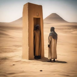 A well in the desert with the shadows of two young men