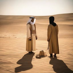 A well in the desert with the shadows of two young men