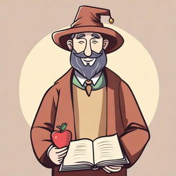 A simple hand-drawn 2D character asset of a fantasy medieval teacher with a smiley apple for a head