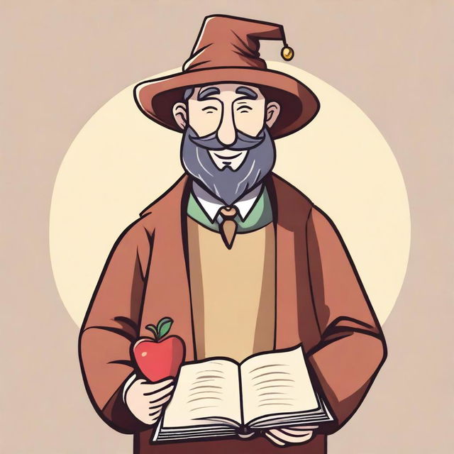 A simple hand-drawn 2D character asset of a fantasy medieval teacher with a smiley apple for a head