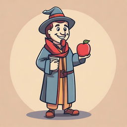 A simple hand-drawn 2D character asset of a fantasy medieval teacher with a smiley apple for a head