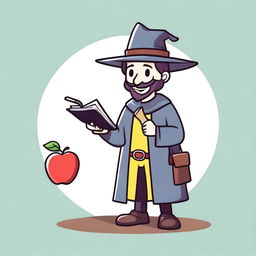 A simple hand-drawn 2D character asset of a fantasy medieval teacher with a smiley apple for a head