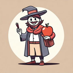 A simple hand-drawn 2D character asset of a fantasy medieval teacher with a smiley apple for a head