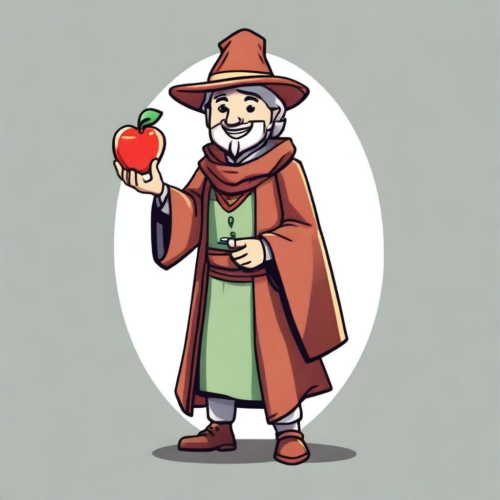 A simple hand-drawn 2D character asset of a fantasy medieval teacher with a smiley apple for a head