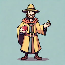 A simple hand-drawn 2D character asset of a fantasy medieval teacher with a smiley apple for a head