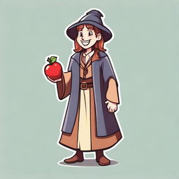 A simple hand-drawn 2D character asset of a fantasy medieval teacher with a smiley apple for a head