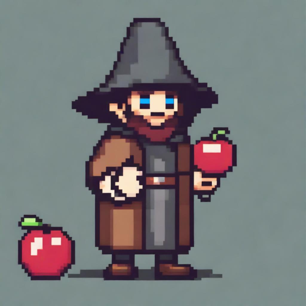 A simple pixel hand-drawn 2D character asset of a fantasy medieval teacher with a smiley apple for a head