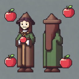 A simple pixel hand-drawn 2D character asset of a fantasy medieval teacher with a smiley apple for a head