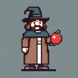 A simple pixel hand-drawn 2D character asset of a fantasy medieval teacher with a smiley apple for a head