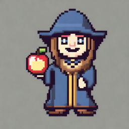 A simple pixel hand-drawn 2D character asset of a fantasy medieval teacher with a smiley apple for a head