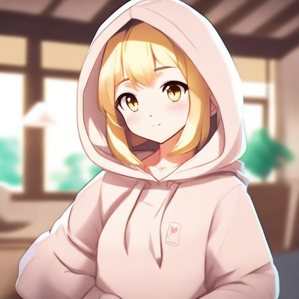 A short blonde waifu wearing a hoodie, with a cute and charming expression