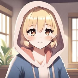 A short blonde waifu wearing a hoodie, with a cute and charming expression