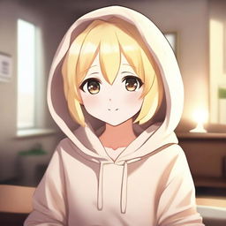 A short blonde waifu wearing a hoodie, with a cute and charming expression