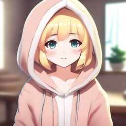 A short blonde waifu wearing a hoodie, with a cute and charming expression