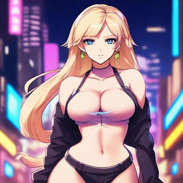 A blonde waifu with a confident and bold expression, wearing a stylish and slightly revealing outfit