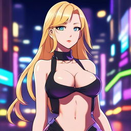 A blonde waifu with a confident and bold expression, wearing a stylish and slightly revealing outfit