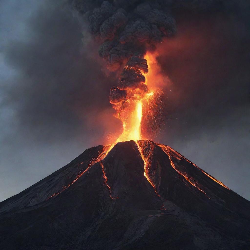 A volcano dramatically erupting with molten lava emerging from its peak against a stark, dusky sky