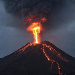 A volcano dramatically erupting with molten lava emerging from its peak against a stark, dusky sky