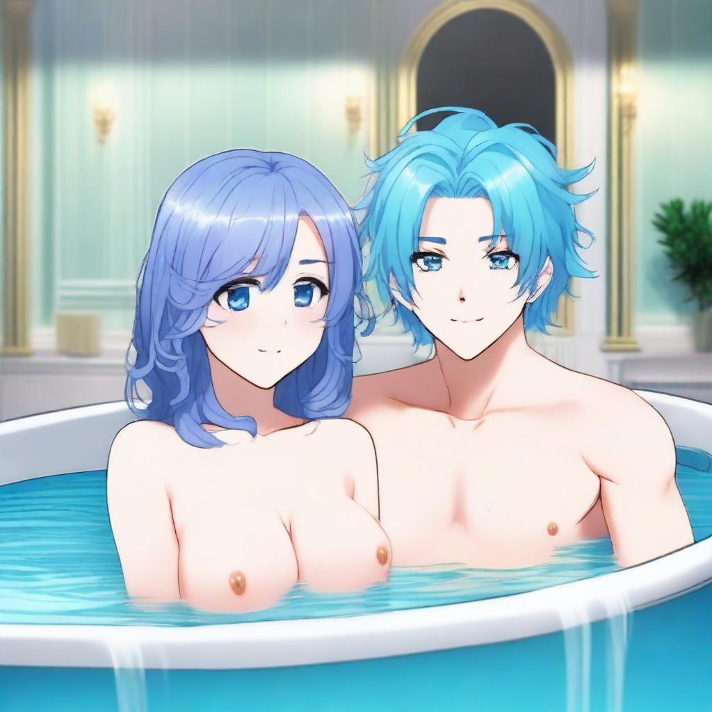 A busty blue-haired waifu with a confident and bold expression, relaxing in a bathtub with her male friend