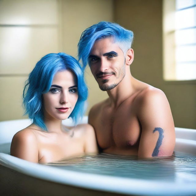 A busty blue-haired woman with a confident and bold expression, relaxing in a bathtub with her male friend