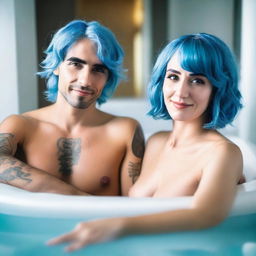 A busty blue-haired woman with a confident and bold expression, relaxing in a bathtub with her male friend