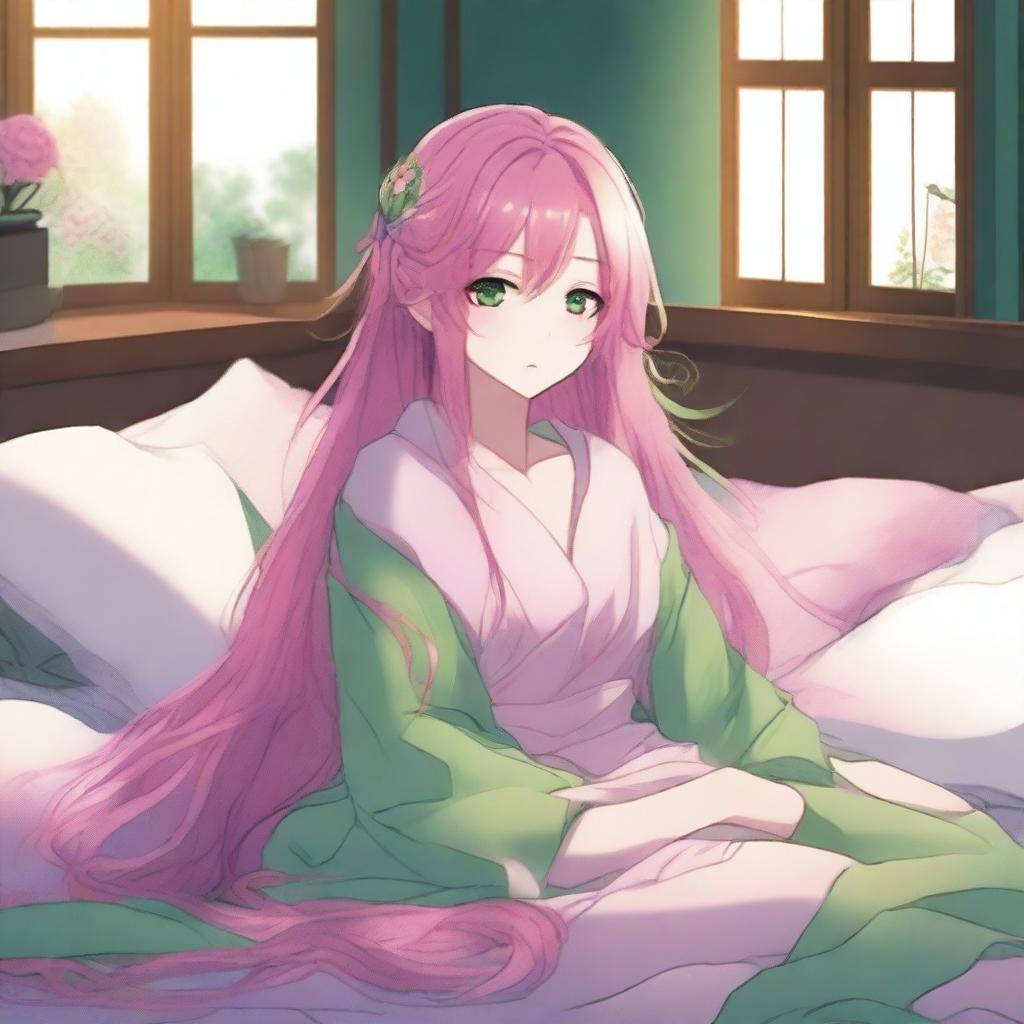 Mitsuri, a character with long, flowing pink and green hair, is depicted lying on a bed