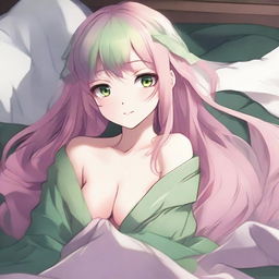 Mitsuri, a character with long, flowing pink and green hair, is depicted lying on a bed