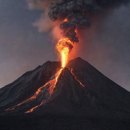 A volcano dramatically erupting with molten lava emerging from its peak against a stark, dusky sky