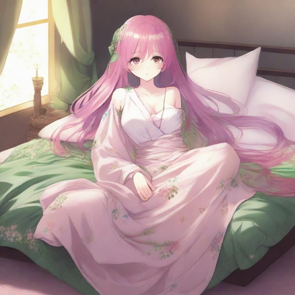 Mitsuri, a character with long, flowing pink and green hair, is depicted lying on a bed