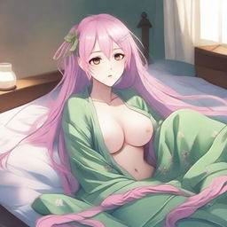 Mitsuri, a character with long, flowing pink and green hair, is depicted lying on a bed