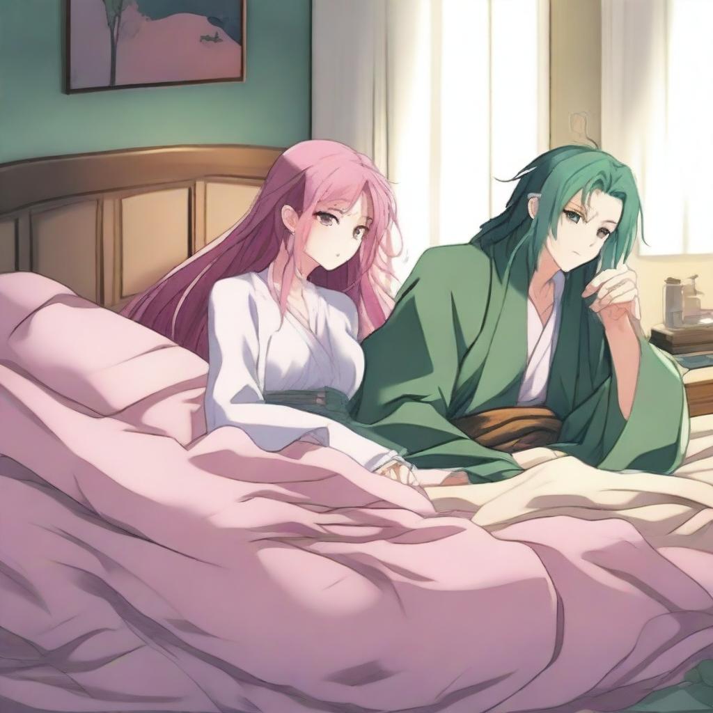 Mitsuri, a character with long, flowing pink and green hair, is depicted lying on a bed next to Tomioka, a male character with dark hair