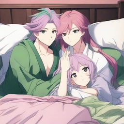 Mitsuri, a character with long, flowing pink and green hair, is depicted lying on a bed next to Tomioka, a male character with dark hair