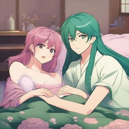 Mitsuri, a character with long, flowing pink and green hair, is depicted lying on a bed next to Tomioka, a male character with dark hair