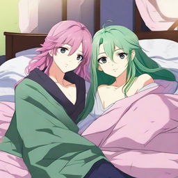 Mitsuri, a character with long, flowing pink and green hair, is depicted lying on a bed next to Tomioka, a male character with dark hair