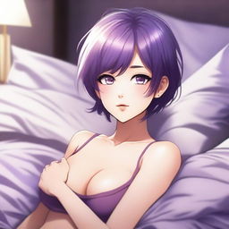 A short-haired waifu with purple hair is depicted lying on a bed, striking a confident and alluring pose