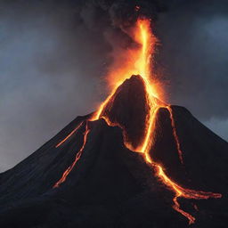 A volcano dramatically erupting with molten lava emerging from its peak against a stark, dusky sky