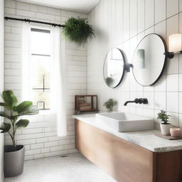 A clean and modern bathroom with white tiles, a glass shower, a large mirror, and a sink with a marble countertop