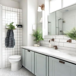 A clean and modern bathroom with white tiles, a glass shower, a large mirror, and a sink with a marble countertop