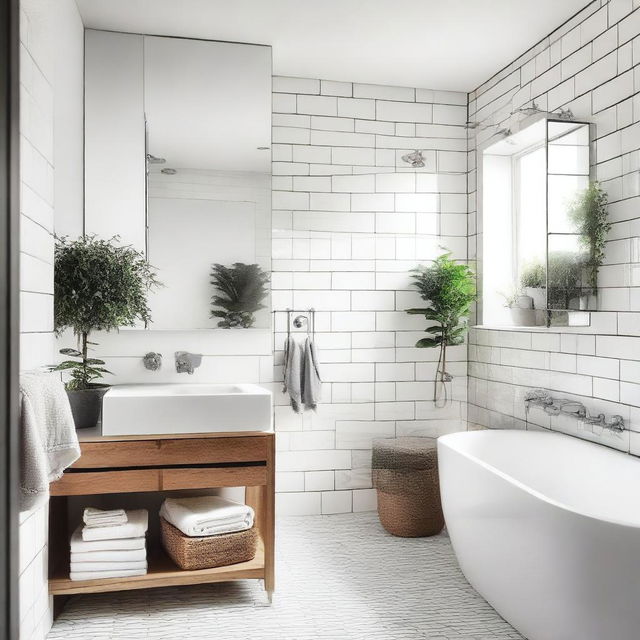 A clean and modern bathroom with white tiles, a glass shower, a large mirror, and a sink with a marble countertop