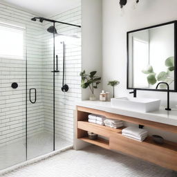 A clean and modern bathroom with white tiles, a glass shower, a large mirror, and a sink with a marble countertop